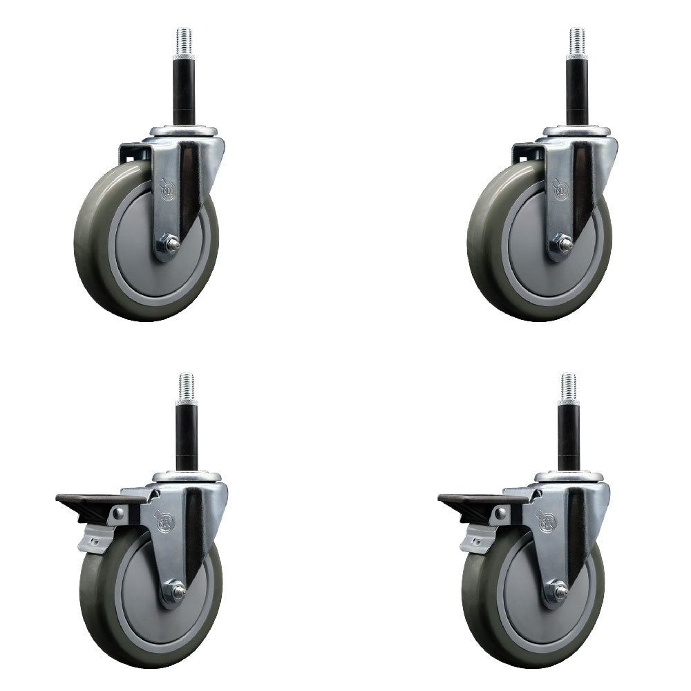 Polyurethane Swivel Expanding Stem Caster Set of 4 with 5 Inch Gray Wheels and 3/4" Stems - Includes 2 with Posi Locking Brakes - 1400 lbs Total Capacity - Service Caster Brand — photo 1