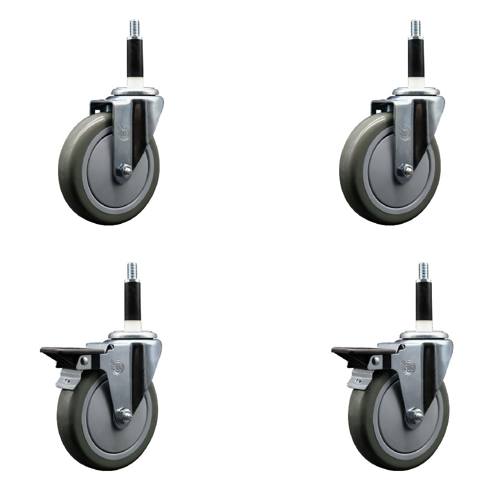 Polyurethane Swivel Expanding Stem Caster Set of 4 with 5 Inch Gray Wheels and 7/8" Stems - Includes 2 with Posi Locking Brakes - 1400 lbs Total Capacity - Service Caster Brand — photo 1