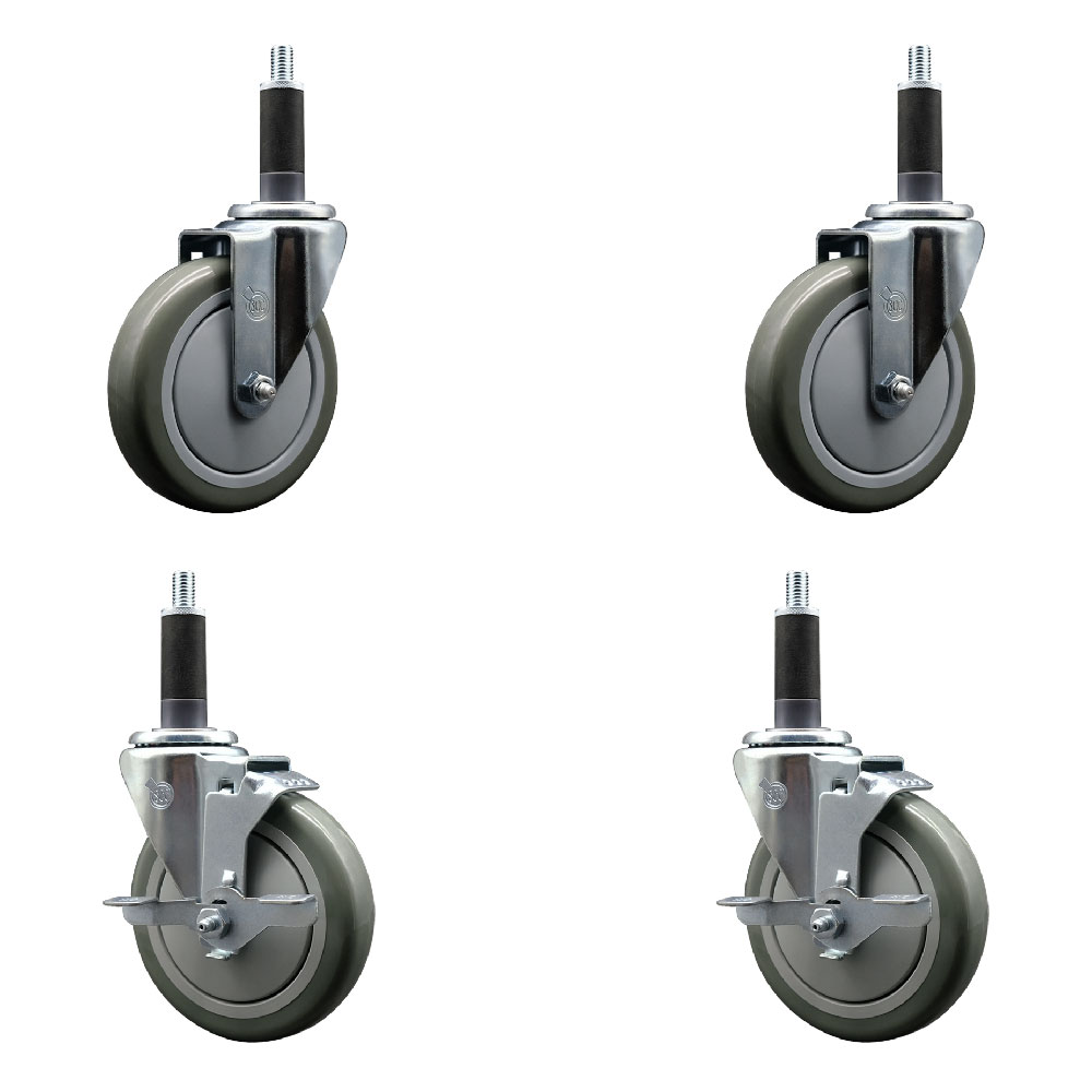 Polyurethane Swivel Expanding Stem Caster Set of 4 with 5 Inch Gray Wheels and 1" Stems - Includes 2 with Top Locking Brakes - 1400 lbs Total Capacity - Service Caster Brand — photo 1