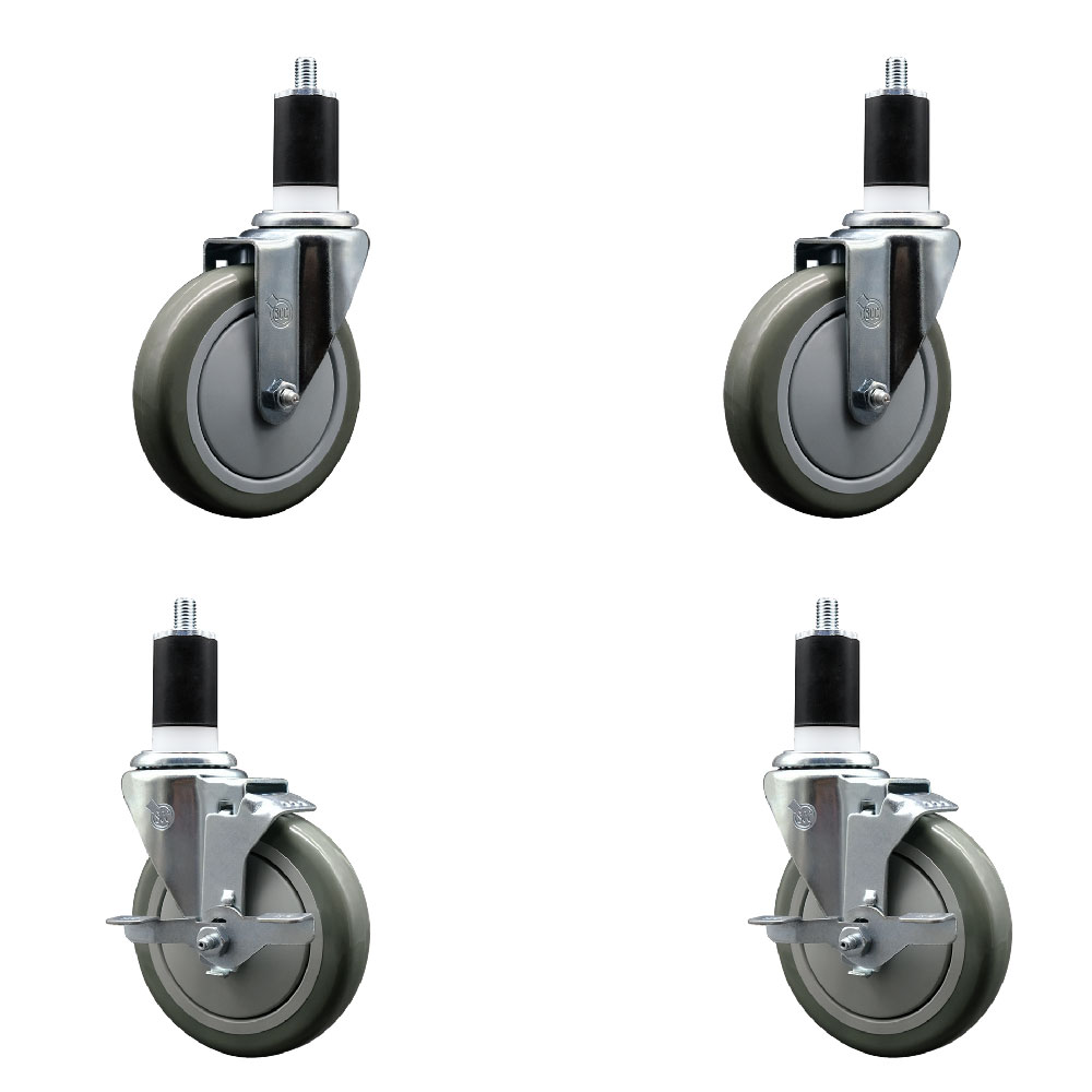 Stainless Steel Polyurethane Swivel Expanding Stem Caster Set of 4 with 5 Inch Gray Wheels and 1-1/2" Stems - Includes 2 with Top Locking Brakes - 1400 lbs Total Capacity - Service Caster Brand — photo 1