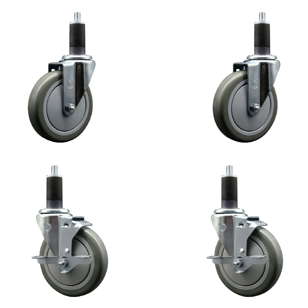 Polyurethane Swivel Expanding Stem Caster Set of 4 with 5 Inch Gray Wheels and 1-1/4" Stems - Includes 2 with Top Locking Brakes - 1400 lbs Total Capacity - Service Caster Brand — photo 1