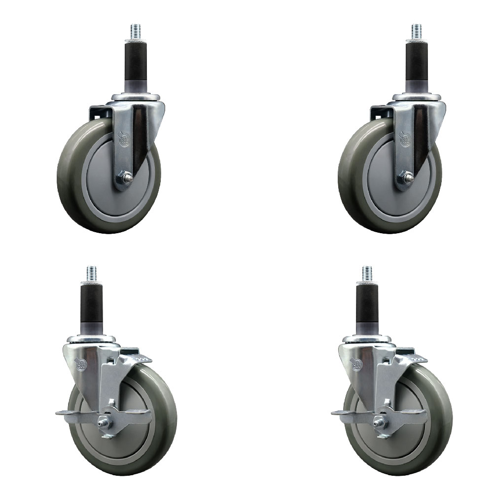 Polyurethane Swivel Expanding Stem Caster Set of 4 with 5 Inch Gray Wheels and 1-1/8" Stems - Includes 2 with Top Locking Brakes - 1400 lbs Total Capacity - Service Caster Brand — photo 1