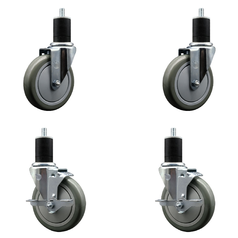 Stainless Steel Polyurethane Swivel Expanding Stem Caster Set of 4 with 5 Inch Gray Wheels and 1-3/4" Stems - Includes 2 with Top Locking Brakes - 1400 lbs Total Capacity - Service Caster Brand — photo 1