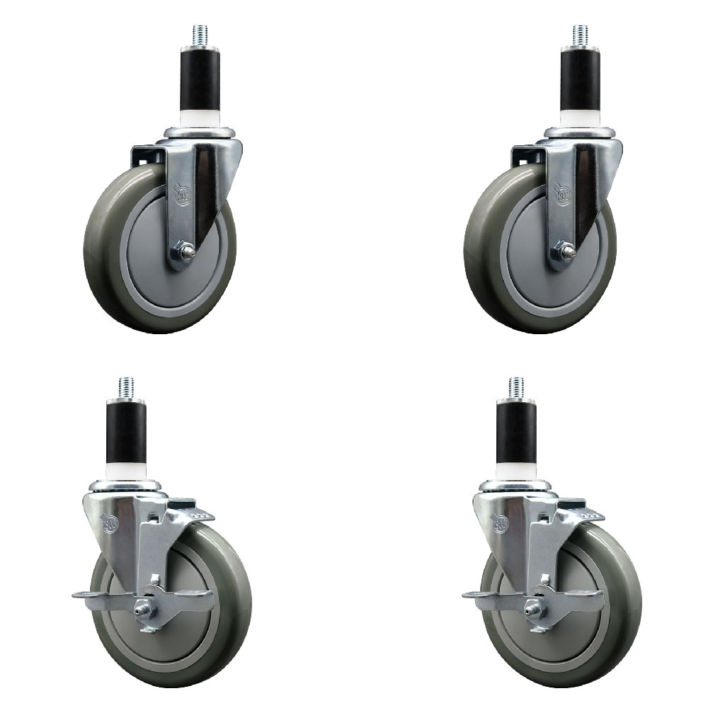 Polyurethane Swivel Expanding Stem Caster Set of 4 with 5 Inch Gray Wheels and 1-3/8" Stems - Includes 2 with Top Locking Brakes - 1400 lbs Total Capacity - Service Caster Brand — photo 1