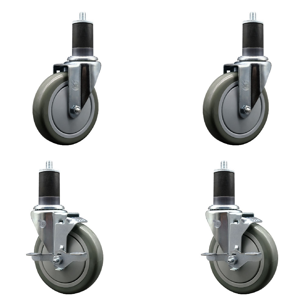 Stainless Steel Polyurethane Swivel Expanding Stem Caster Set of 4 with 5 Inch Gray Wheels and 1-5/8" Stems - Includes 2 with Top Locking Brakes - 1400 lbs Total Capacity - Service Caster Brand — photo 1