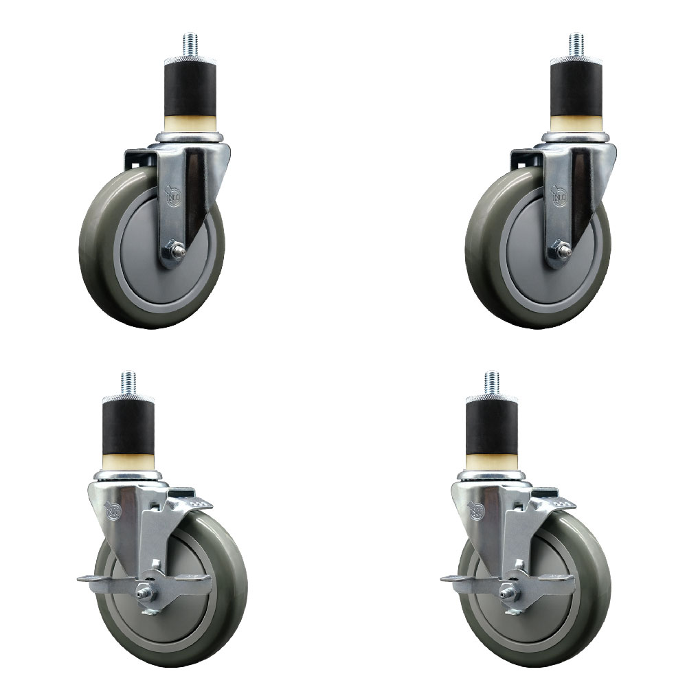 Polyurethane Swivel Expanding Stem Caster Set of 4 with 5 Inch Gray Wheels and 1-7/8" Stems - Includes 2 with Top Locking Brakes - 1400 lbs Total Capacity - Service Caster Brand — photo 1