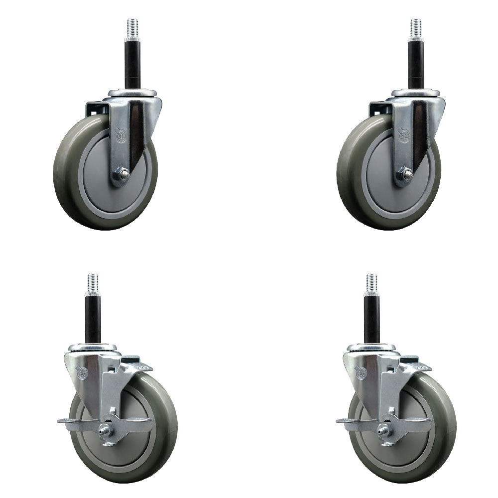 Stainless Steel Polyurethane Swivel Expanding Stem Caster Set of 4 with 5 Inch Gray Wheels and 3/4" Stems - Includes 2 with Top Locking Brakes - 1400 lbs Total Capacity - Service Caster Brand — photo 1
