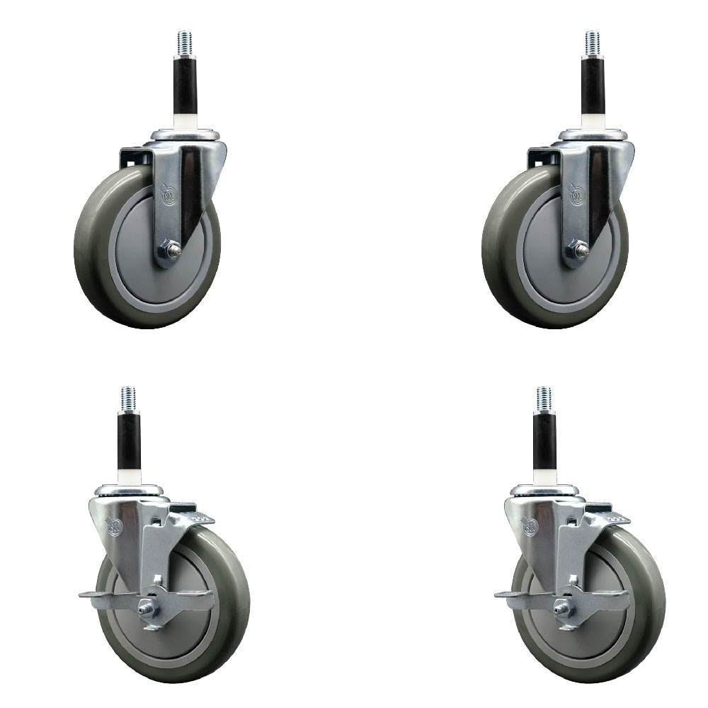 Polyurethane Swivel Expanding Stem Caster Set of 4 with 5 Inch Gray Wheels and 7/8" Stems - Includes 2 with Top Locking Brakes - 1400 lbs Total Capacity - Service Caster Brand — photo 1