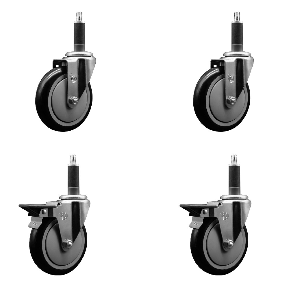 Polyurethane Swivel Expanding Stem Caster Set of 4 with 5 Inch Black Wheels and 1" Stems - Includes 2 with Posi Locking Brakes - 1400 lbs Total Capacity - Service Caster Brand — photo 1