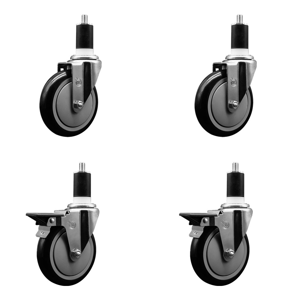Polyurethane Swivel Expanding Stem Caster Set of 4 with 5 Inch Black Wheels and 1-1/2" Stems - Includes 2 with Posi Locking Brakes - 1400 lbs Total Capacity - Service Caster Brand — photo 1