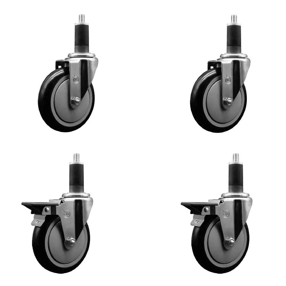 Polyurethane Swivel Expanding Stem Caster Set of 4 with 5 Inch Black Wheels and 1-1/4" Stems - Includes 2 with Posi Locking Brakes - 1400 lbs Total Capacity - Service Caster Brand — photo 1