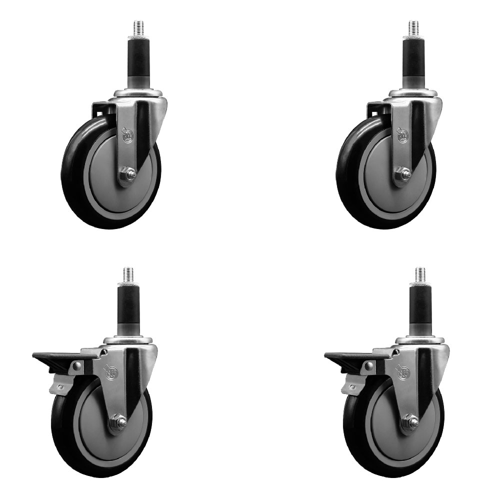 Polyurethane Swivel Expanding Stem Caster Set of 4 with 5 Inch Black Wheels and 1-1/8" Stems - Includes 2 with Posi Locking Brakes - 1400 lbs Total Capacity - Service Caster Brand — photo 1