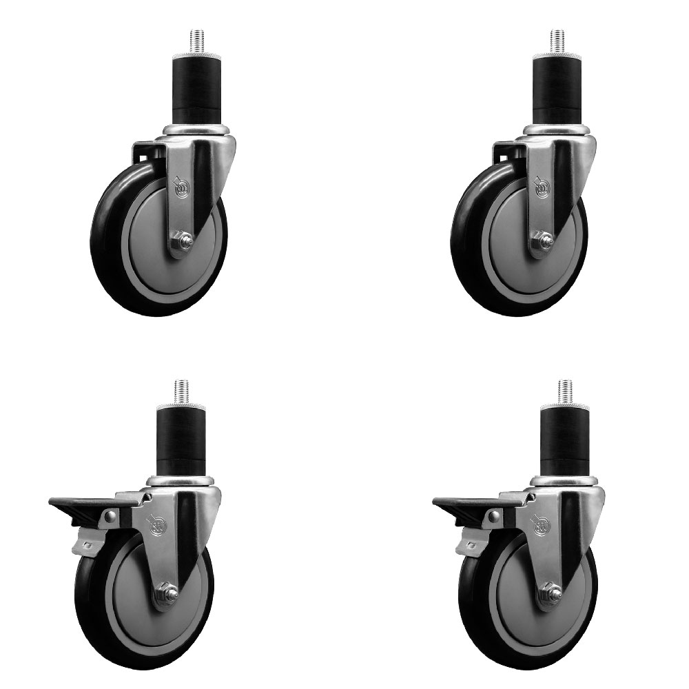 Polyurethane Swivel Expanding Stem Caster Set of 4 with 5 Inch Black Wheels and 1-3/4" Stems - Includes 2 with Posi Locking Brakes - 1400 lbs Total Capacity - Service Caster Brand — photo 1