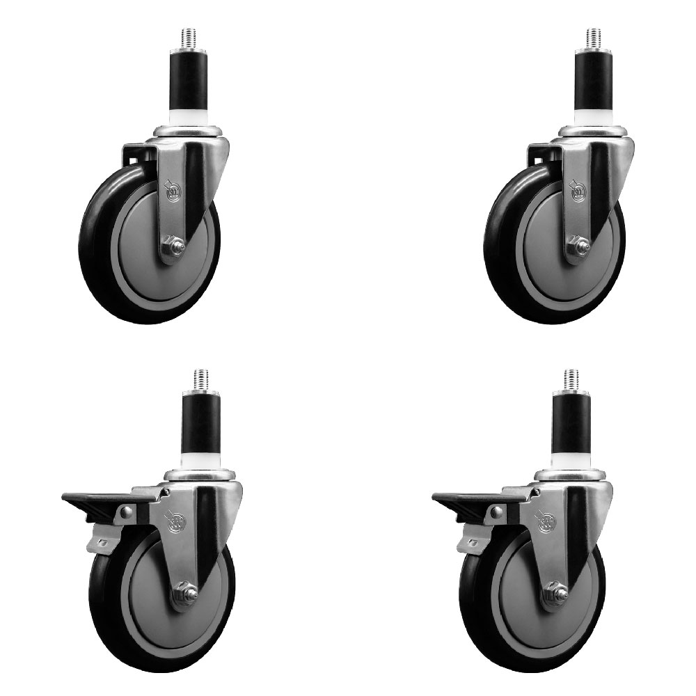 Polyurethane Swivel Expanding Stem Caster Set of 4 with 5 Inch Black Wheels and 1-3/8" Stems - Includes 2 with Posi Locking Brakes - 1400 lbs Total Capacity - Service Caster Brand — photo 1