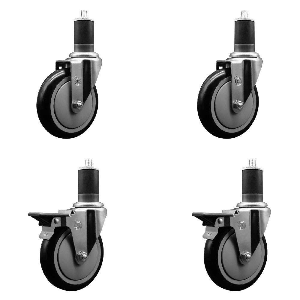 Polyurethane Swivel Expanding Stem Caster Set of 4 with 5 Inch Black Wheels and 1-5/8" Stems - Includes 2 with Posi Locking Brakes - 1400 lbs Total Capacity - Service Caster Brand — photo 1