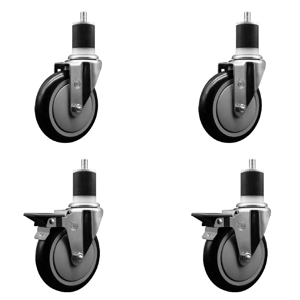 Polyurethane Swivel Expanding Stem Caster Set of 4 with 5 Inch Black Wheels and 1-7/8" Stems - Includes 2 with Posi Locking Brakes - 1400 lbs Total Capacity - Service Caster Brand — photo 1