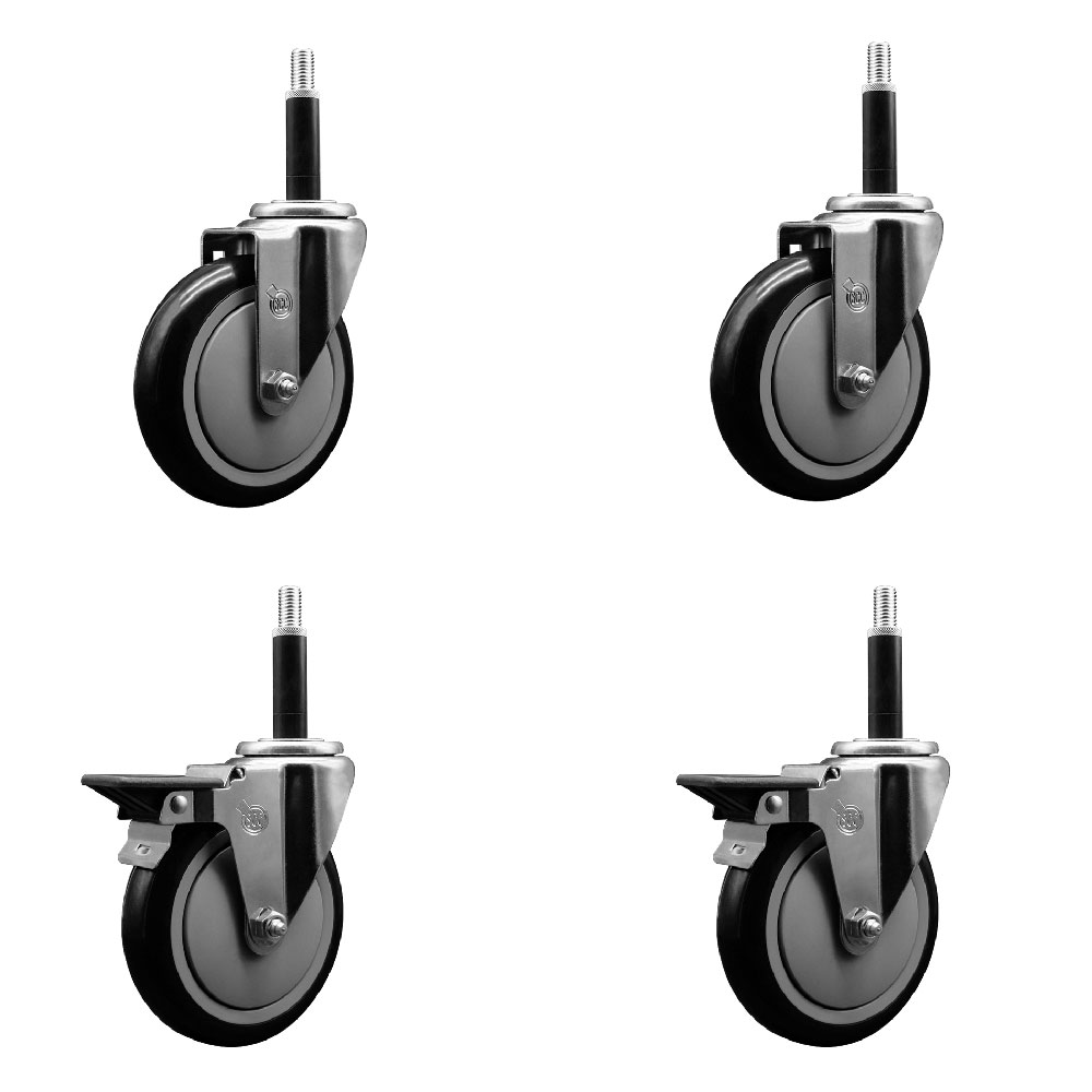 Polyurethane Swivel Expanding Stem Caster Set of 4 with 5 Inch Black Wheels and 3/4" Stems - Includes 2 with Posi Locking Brakes - 1400 lbs Total Capacity - Service Caster Brand — photo 1