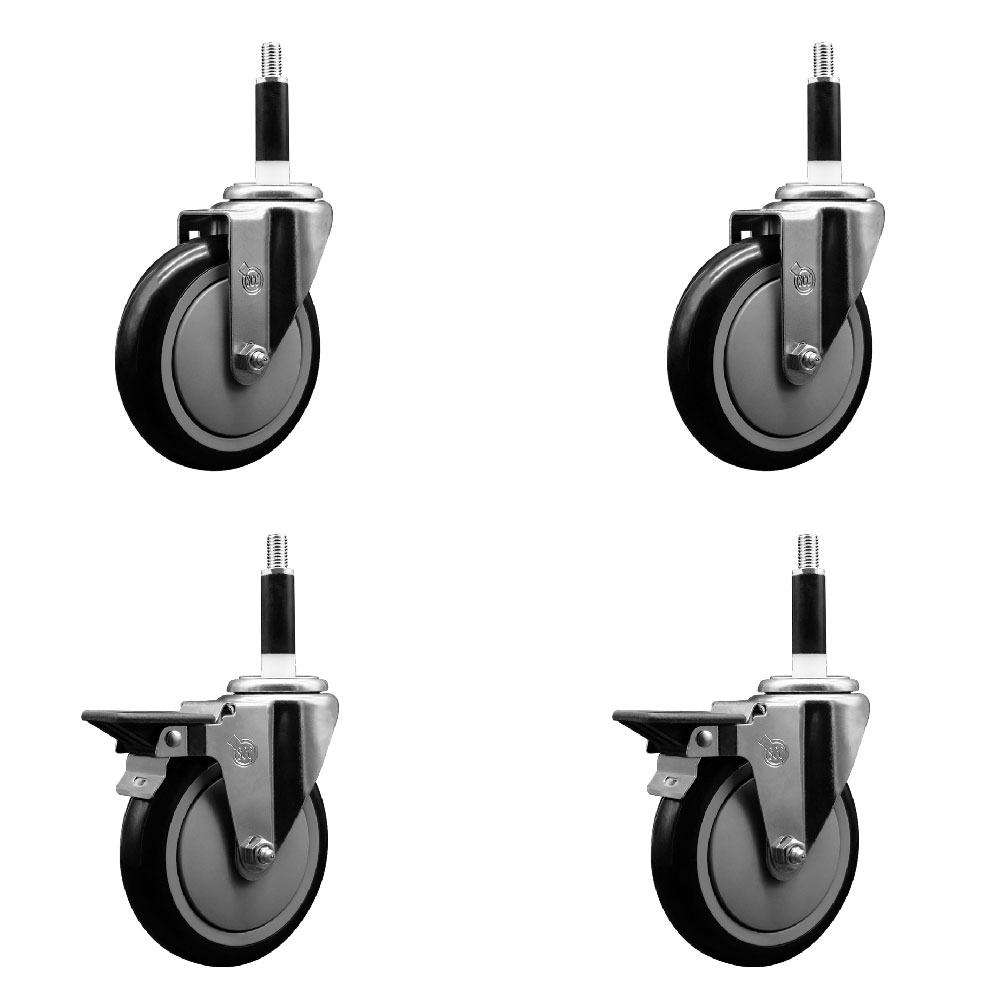 Polyurethane Swivel Expanding Stem Caster Set of 4 with 5 Inch Black Wheels and 7/8" Stems - Includes 2 with Posi Locking Brakes - 1400 lbs Total Capacity - Service Caster Brand — photo 1