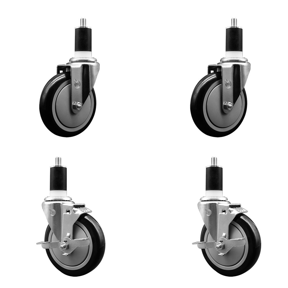 Stainless Steel Polyurethane Swivel Expanding Stem Caster Set of 4 with 5 Inch Black Wheels and 1-1/2" Stems - Includes 2 with Top Locking Brakes - 1400 lbs Total Capacity - Service Caster Brand — photo 1