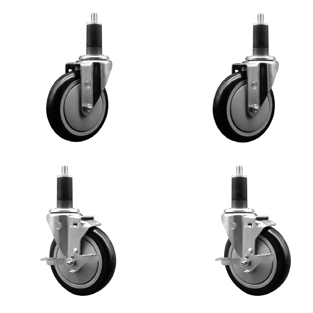 Stainless Steel Polyurethane Swivel Expanding Stem Caster Set of 4 with 5 Inch Black Wheels and 1-1/4" Stems - Includes 2 with Top Locking Brakes - 1400 lbs Total Capacity - Service Caster Brand — photo 1