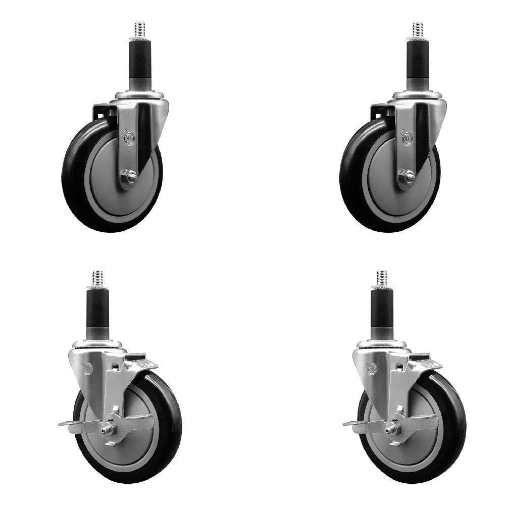 Stainless Steel Polyurethane Swivel Expanding Stem Caster Set of 4 with 5 Inch Black Wheels and 1-1/8" Stems - Includes 2 with Top Locking Brakes - 1400 lbs Total Capacity - Service Caster Brand — photo 1