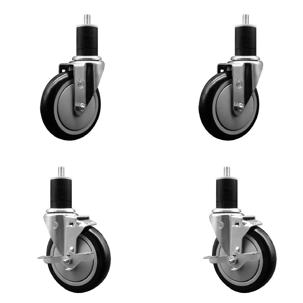 Stainless Steel Polyurethane Swivel Expanding Stem Caster Set of 4 with 5 Inch Black Wheels and 1-3/4" Stems - Includes 2 with Top Locking Brakes - 1400 lbs Total Capacity - Service Caster Brand — photo 1