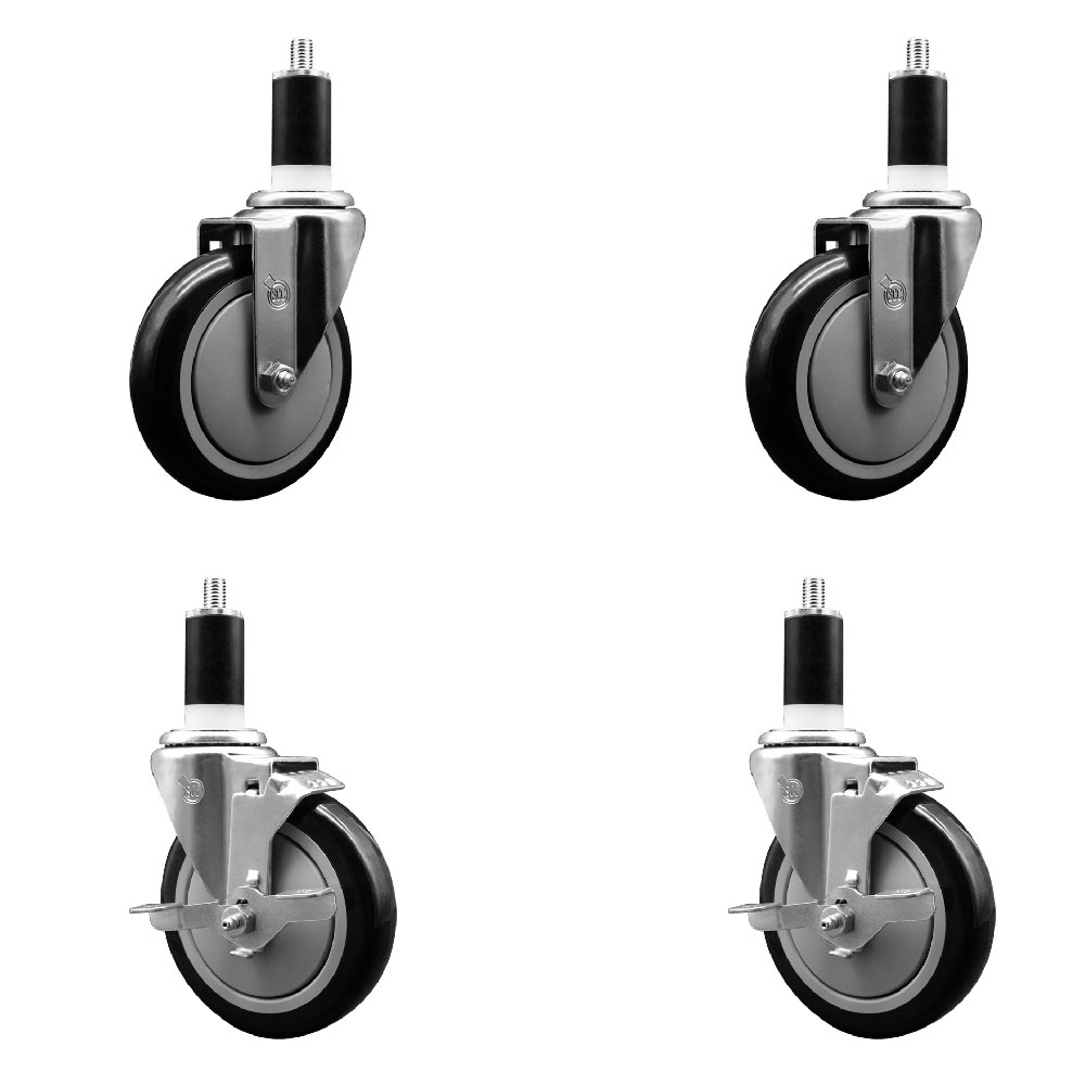 Stainless Steel Polyurethane Swivel Expanding Stem Caster Set of 4 with 5 Inch Black Wheels and 1-3/8" Stems - Includes 2 with Top Locking Brakes - 1400 lbs Total Capacity - Service Caster Brand — photo 1