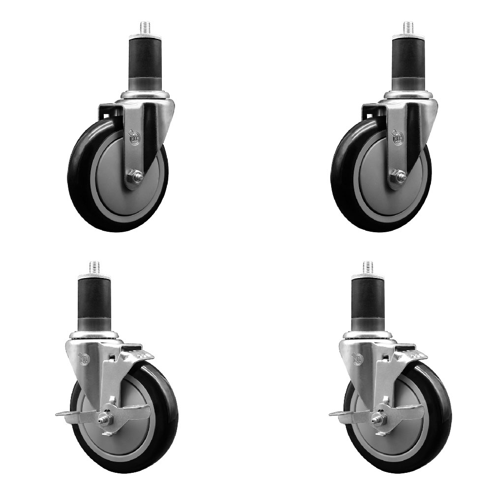 Stainless Steel Polyurethane Swivel Expanding Stem Caster Set of 4 with 5 Inch Black Wheels and 1-5/8" Stems - Includes 2 with Top Locking Brakes - 1400 lbs Total Capacity - Service Caster Brand — photo 1