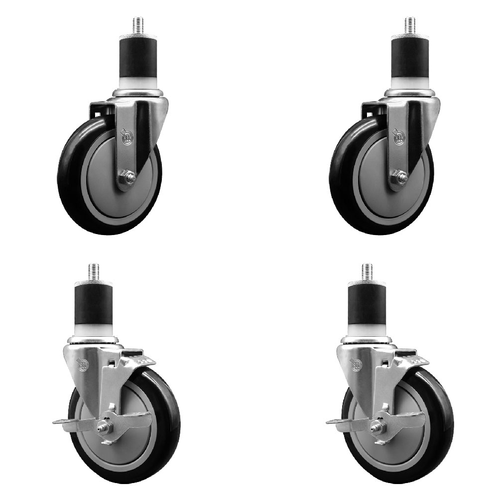 Stainless Steel Polyurethane Swivel Expanding Stem Caster Set of 4 with 5 Inch Black Wheels and 1-7/8" Stems - Includes 2 with Top Locking Brakes - 1400 lbs Total Capacity - Service Caster Brand — photo 1