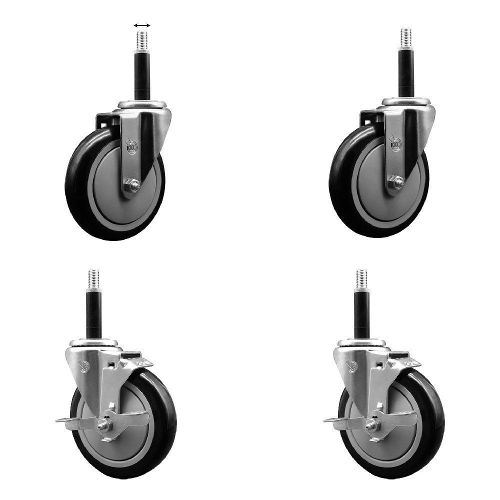 Polyurethane Swivel Expanding Stem Caster Set of 4 with 5 Inch Black Wheels and 3/4" Stems - Includes 2 with Top Locking Brakes - 1400 lbs Total Capacity - Service Caster Brand — photo 1