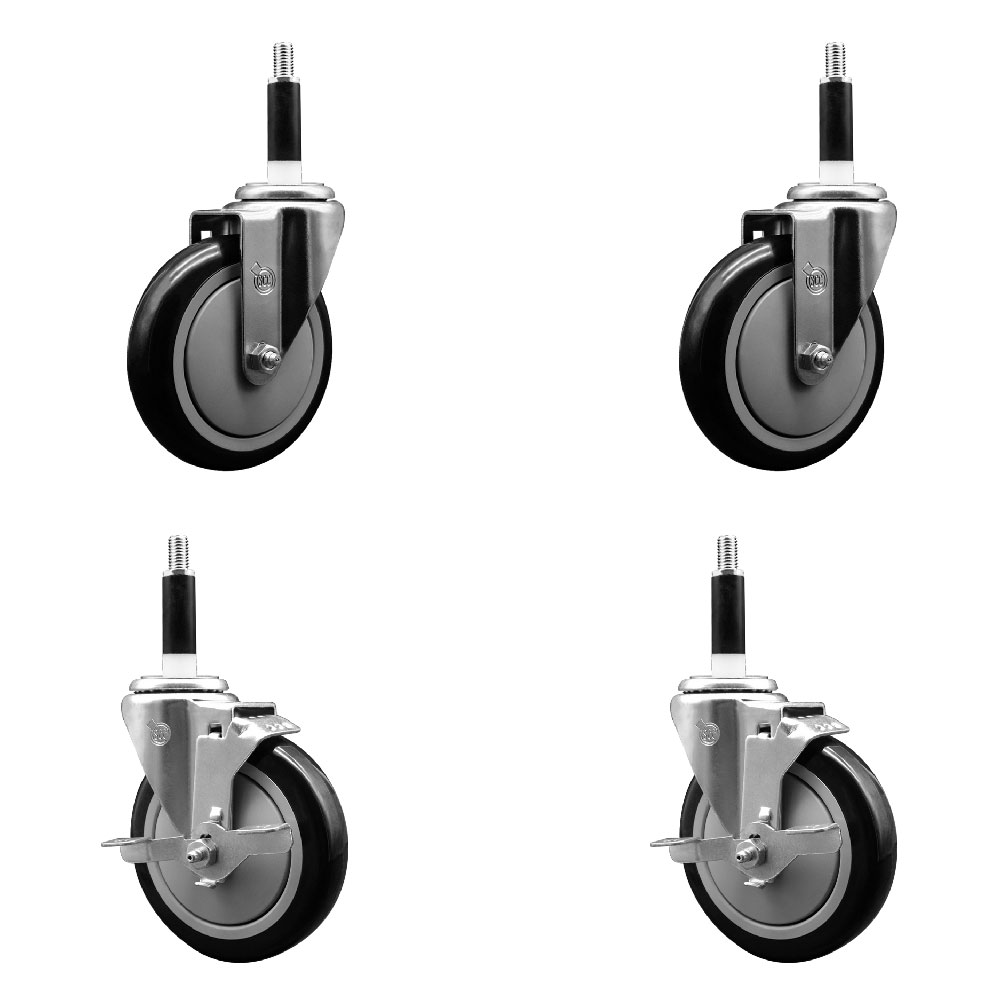 Polyurethane Swivel Expanding Stem Caster Set of 4 with 5 Inch Black Wheels and 7/8" Stems - Includes 2 with Top Locking Brakes - 1400 lbs Total Capacity - Service Caster Brand — photo 1