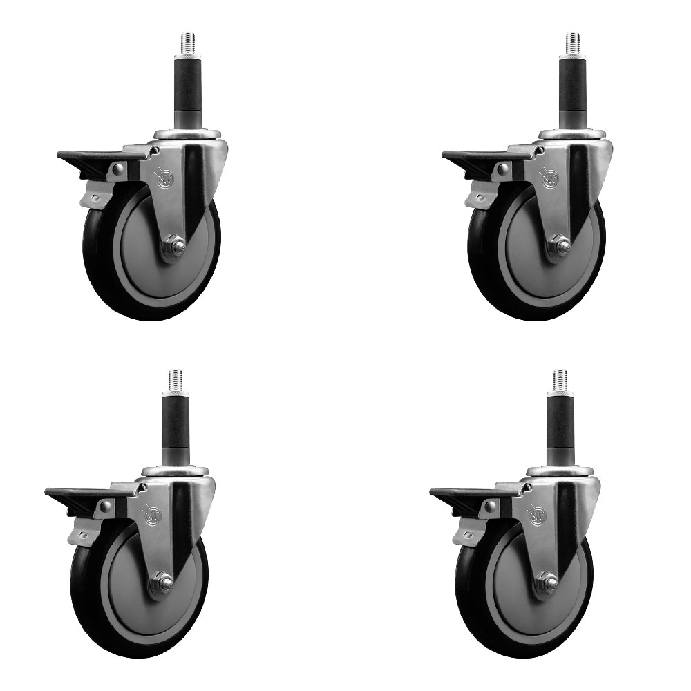 Polyurethane Swivel Expanding Stem Caster Set of 4 with 5 Inch Black Wheels and 1" Stems - Includes 4 Swivel with Posi Locking Brakes - 350 lbs. Capacity Per Caster - Service Caster Brand — photo 1