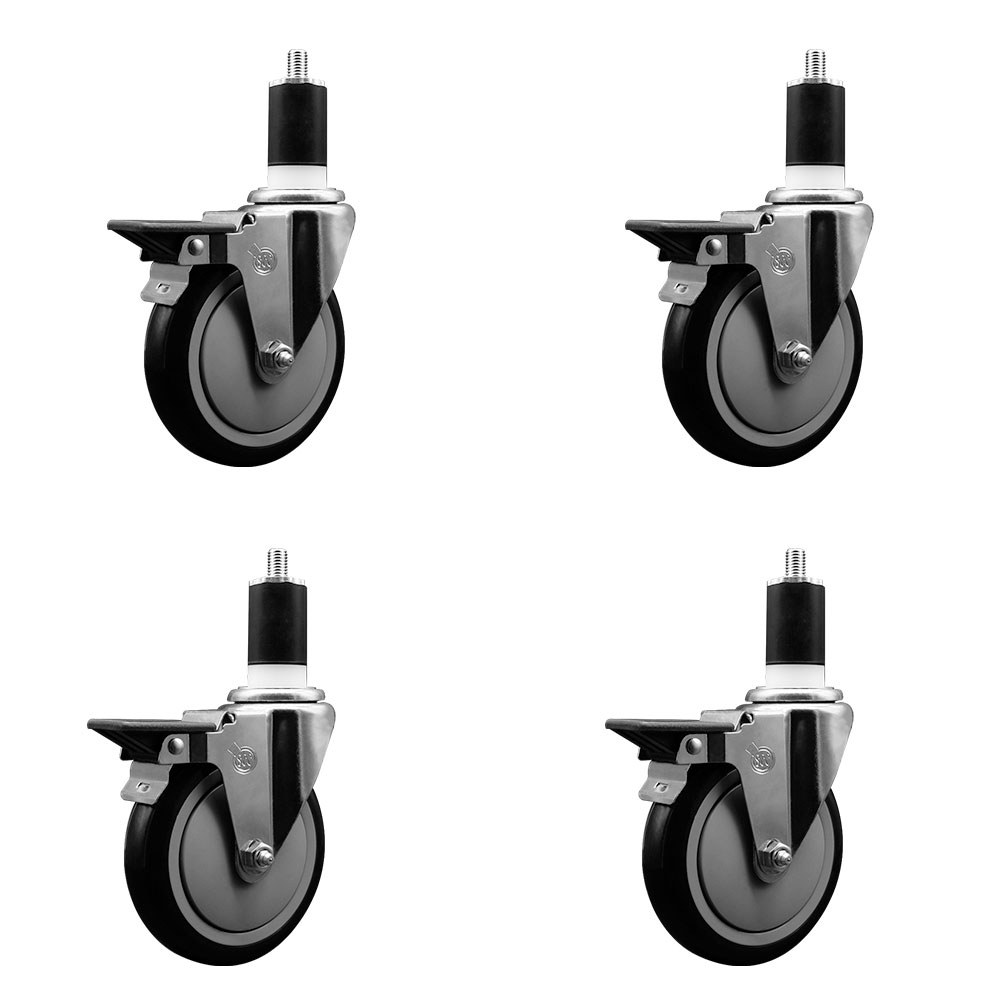 Polyurethane Swivel Expanding Stem Caster Set of 4 with 5 Inch Black Wheels and 1-1/2" Stems - Includes 4 Swivel with Posi Locking Brakes - 350 lbs. Capacity Per Caster - Service Caster Brand — photo 1