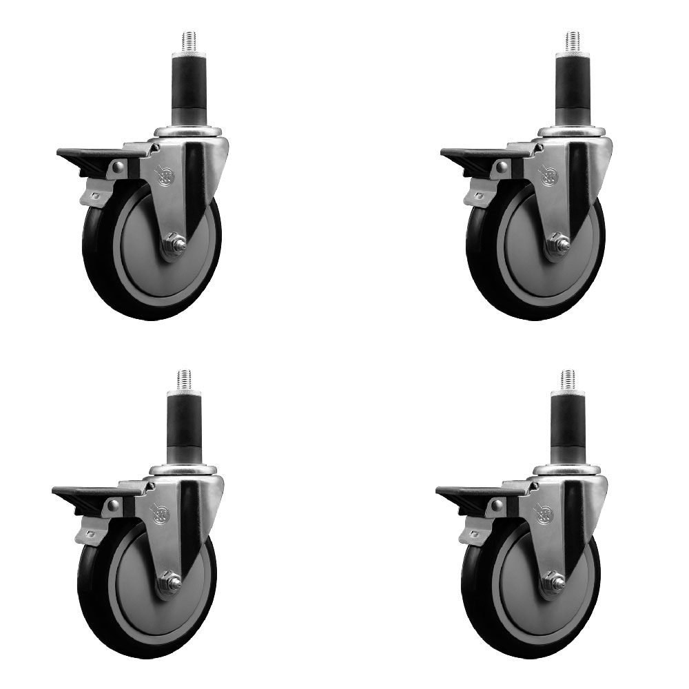 Polyurethane Swivel Expanding Stem Caster Set of 4 with 5 Inch Black Wheels and 1-1/4" Stems - Includes 4 Swivel with Posi Locking Brakes - 350 lbs. Capacity Per Caster - Service Caster Brand — photo 1