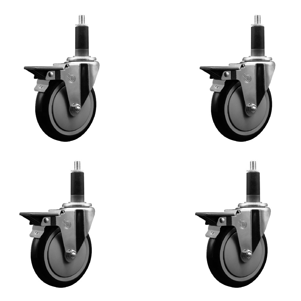 Polyurethane Swivel Expanding Stem Caster Set of 4 with 5 Inch Black Wheels and 1-1/8" Stems - Includes 4 Swivel with Posi Locking Brakes - 350 lbs. Capacity Per Caster - Service Caster Brand — photo 1