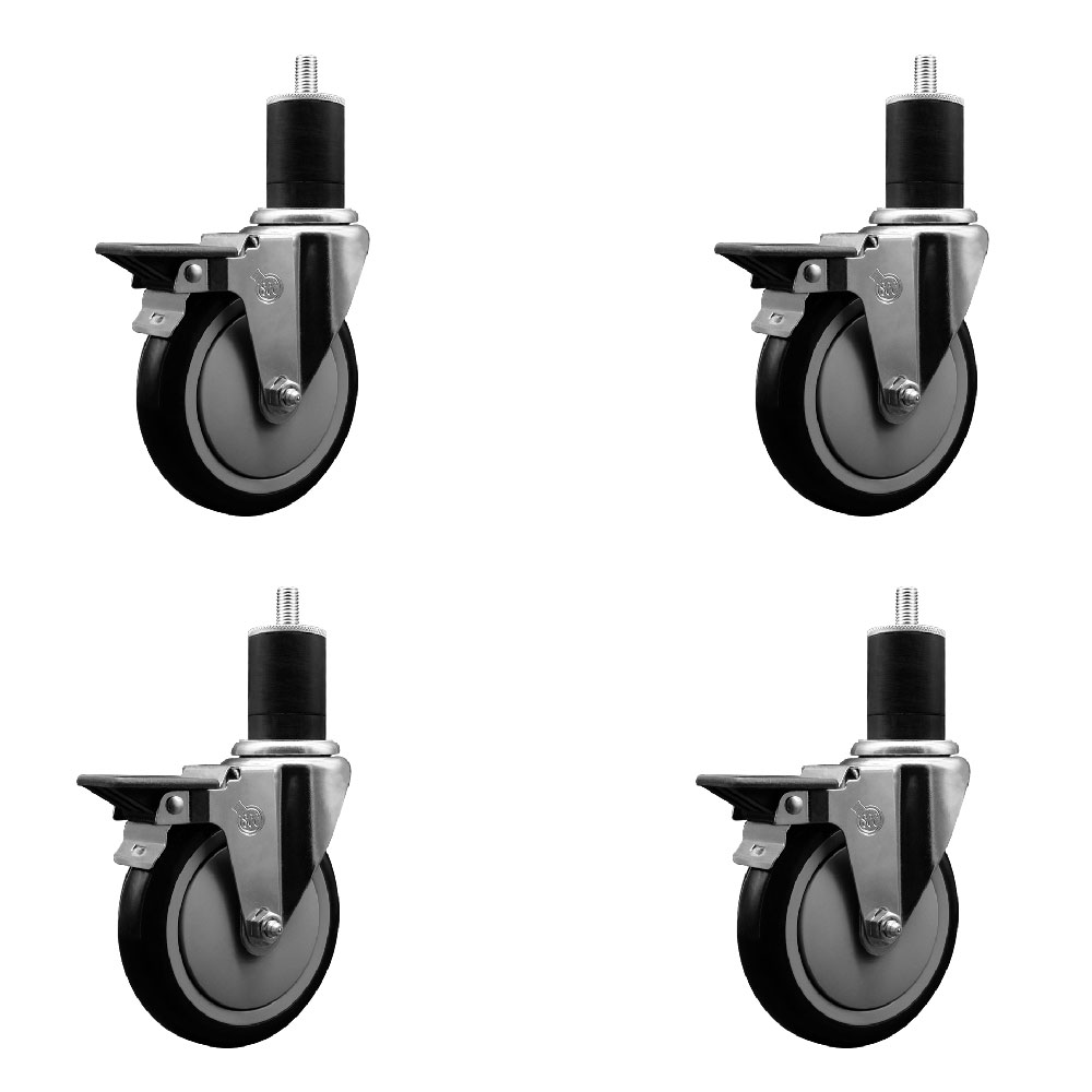 Polyurethane Swivel Expanding Stem Caster Set of 4 with 5 Inch Black Wheels and 1-3/4" Stems - Includes 4 Swivel with Posi Locking Brakes - 350 lbs. Capacity Per Caster - Service Caster Brand — photo 1