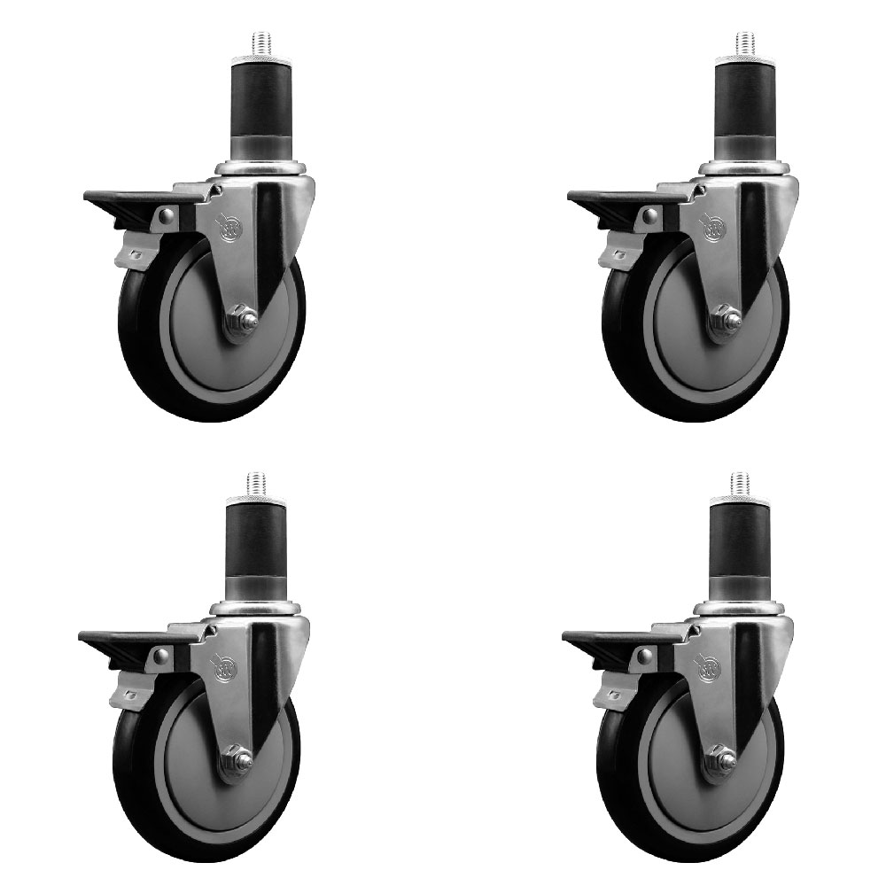 Polyurethane Swivel Expanding Stem Caster Set of 4 with 5 Inch Black Wheels and 1-5/8" Stems - Includes 4 Swivel with Posi Locking Brakes - 350 lbs. Capacity Per Caster - Service Caster Brand — photo 1