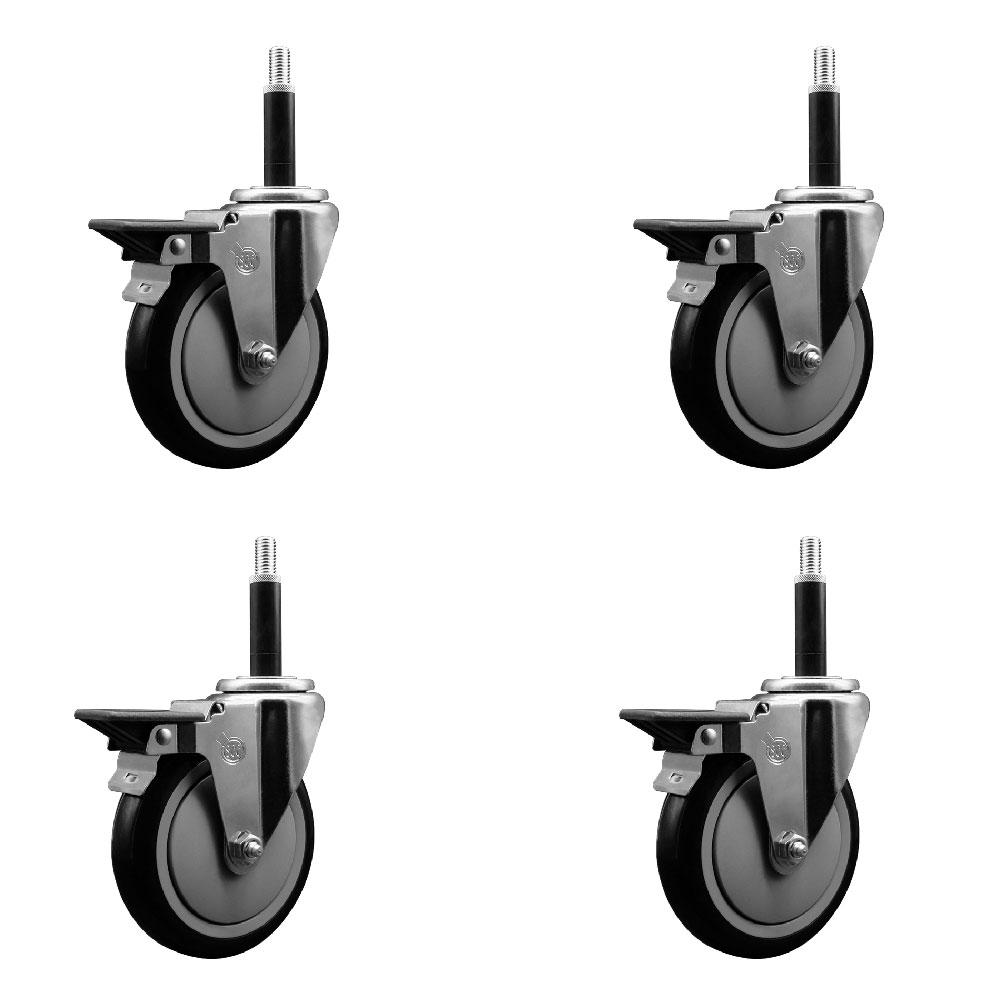 Polyurethane Swivel Expanding Stem Caster Set of 4 with 5 Inch Black Wheels and 3/4" Stems - Includes 4 Swivel with Posi Locking Brakes - 350 lbs. Capacity Per Caster - Service Caster Brand — photo 1