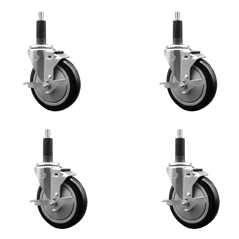 Polyurethane Swivel Expanding Stem Caster Set of 4 with 5 Inch Black Wheels and 1" Stems - Includes 4 Swivel with Top Locking Brakes - 350 lbs. Capacity Per Caster - Service Caster Brand — photo 1