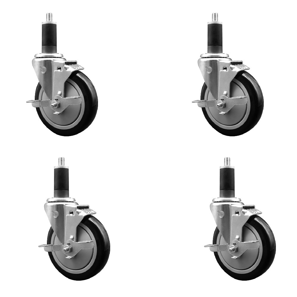 Stainless Steel Polyurethane Swivel Expanding Stem Caster Set of 4 with 5 Inch Black Wheels and 1-1/4" Stems - 4 Swivel with Top Locking Brakes - 350 lbs. Capacity Per Caster - Service Caster Brand — photo 1