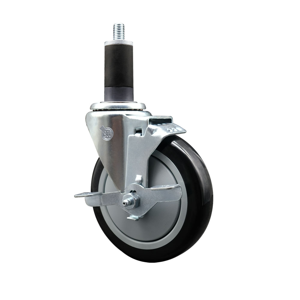 Stainless Steel Polyurethane Expanding Stem Swivel Caster with 5 Inch Black Wheel and 1-1/4" Stem & Top Locking Brake - 350 lbs. Capacity Per Caster - Service Caster Brand — photo 1