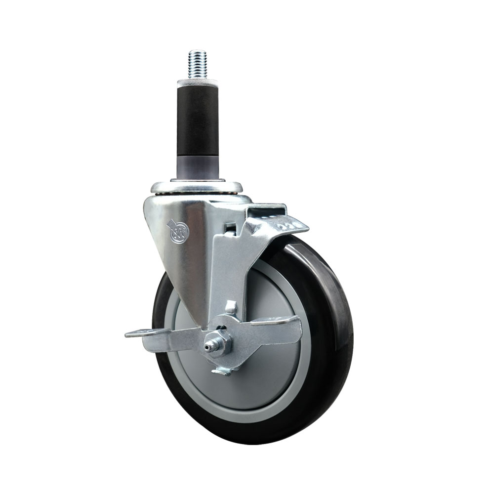 Stainless Steel Polyurethane Expanding Stem Swivel Caster with 5 Inch Black Wheel and 1-1/8" Stem & Top Locking Brake - 350 lbs. Capacity Per Caster - Service Caster Brand — photo 1