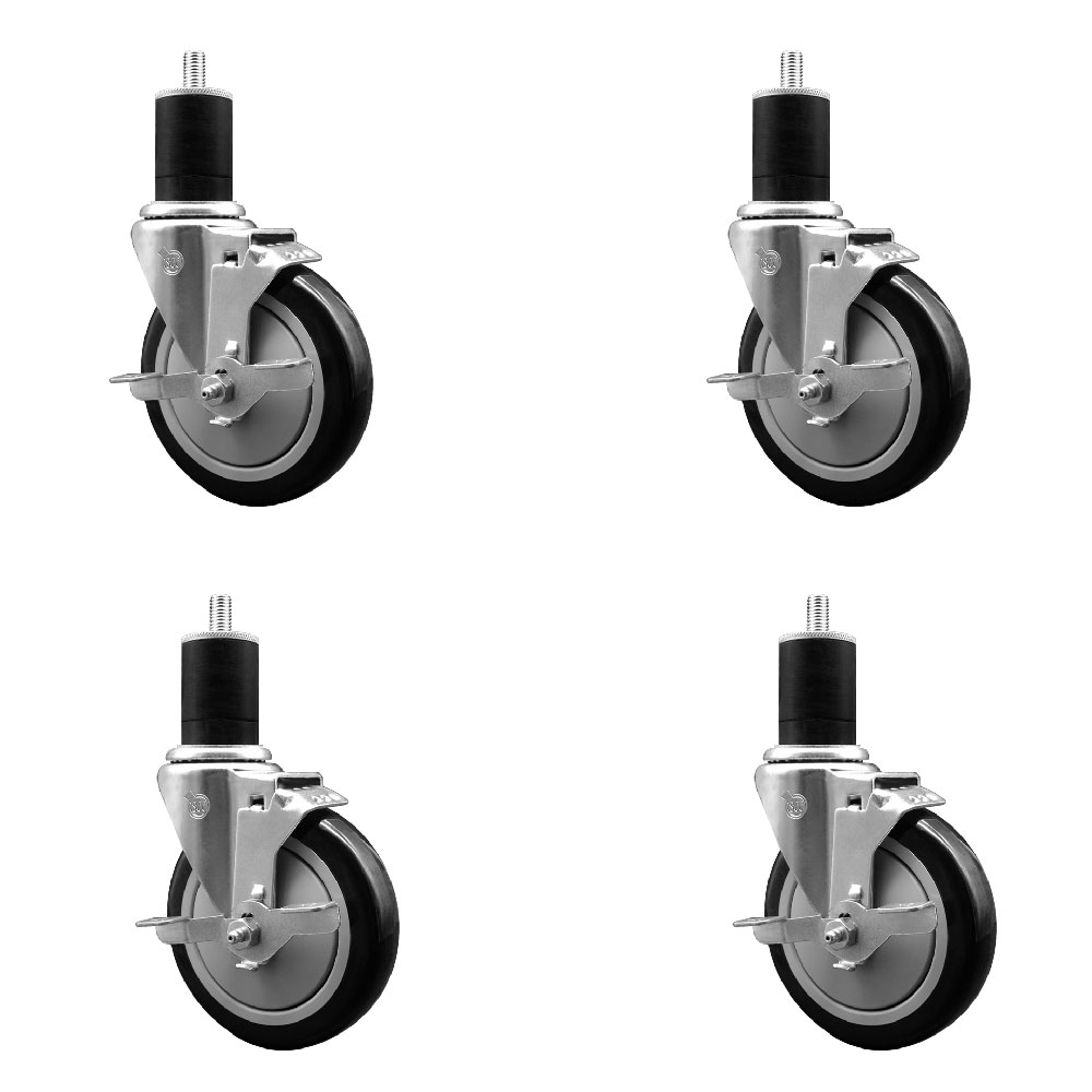 Stainless Steel Polyurethane Swivel Expanding Stem Caster Set of 4 with 5 Inch Black Wheels and 1-3/4" Stems - 4 Swivel with Top Locking Brakes - 350 lbs. Capacity Per Caster - Service Caster Brand — photo 1