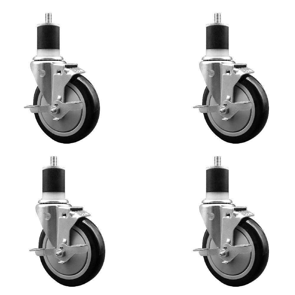 Stainless Steel Polyurethane Swivel Expanding Stem Caster Set of 4 with 5 Inch Black Wheels and 1-7/8" Stems - 4 Swivel with Top Locking Brakes - 350 lbs. Capacity Per Caster - Service Caster Brand — photo 1