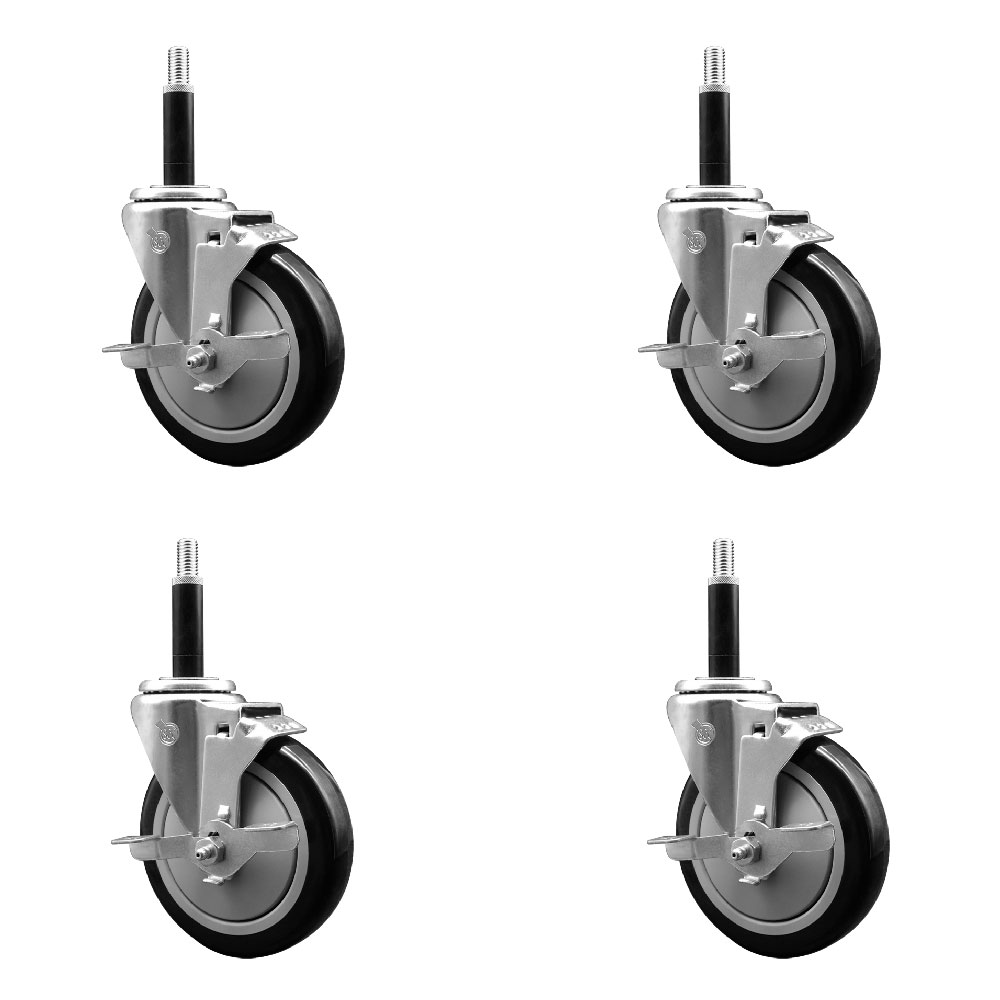 Stainless Steel Polyurethane Swivel Expanding Stem Caster Set of 4 with 5 Inch Black Wheels and 3/4" Stems - 4 Swivel with Top Locking Brakes - 350 lbs. Capacity Per Caster - Service Caster Brand — photo 1