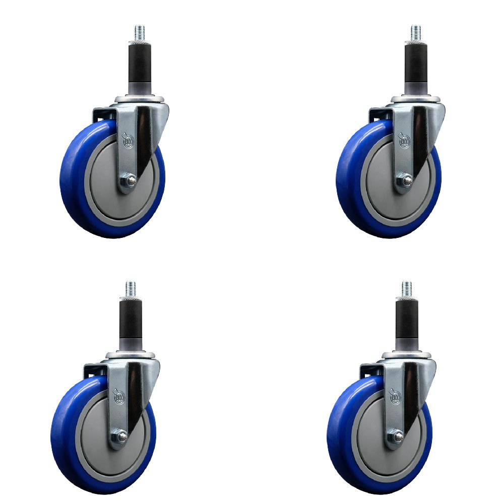 Stainless Steel Polyurethane Swivel Expanding Stem Caster Set of 4 with 5 Inch Blue Wheels and 1-1/8" Stems - Includes 4 Swivel - 350 lbs. Capacity Per Caster - Service Caster Brand — photo 1