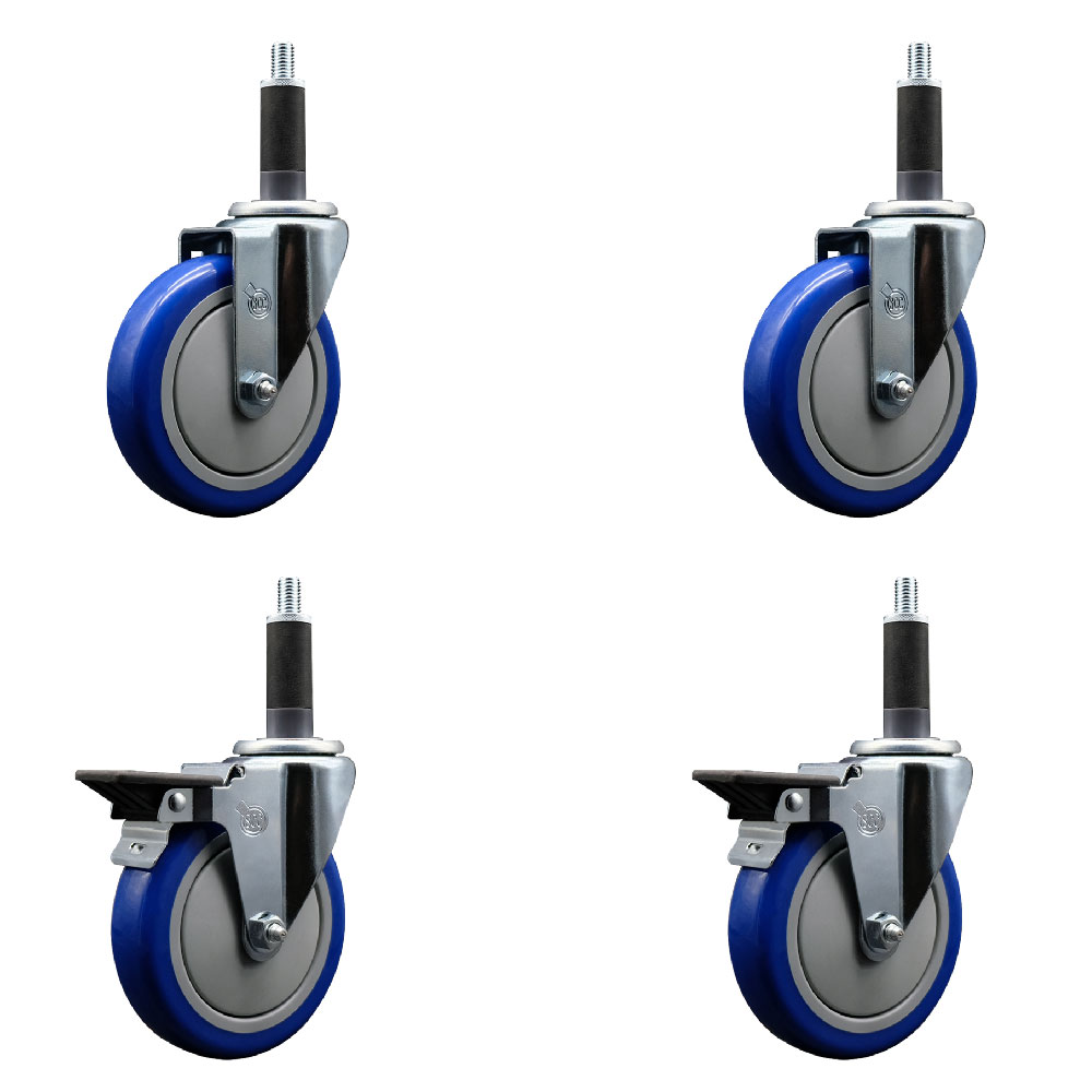 Polyurethane Swivel Expanding Stem Caster Set of 4 with 5 Inch Blue Wheels and 1" Stems - Includes 2 with Posi Locking Brakes - 1400 lbs Total Capacity - Service Caster Brand — photo 1