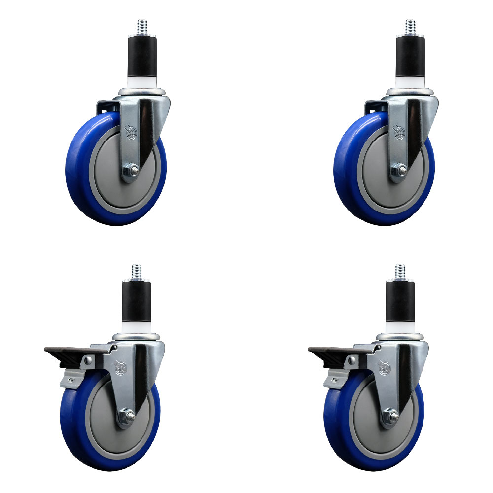 Polyurethane Swivel Expanding Stem Caster Set of 4 with 5 Inch Blue Wheels and 1-1/2" Stems - Includes 2 with Posi Locking Brakes - 1400 lbs Total Capacity - Service Caster Brand — photo 1