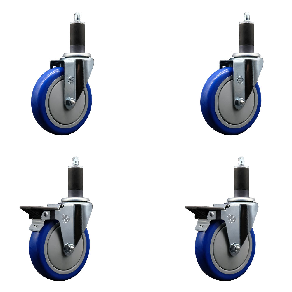 Polyurethane Swivel Expanding Stem Caster Set of 4 with 5 Inch Blue Wheels and 1-1/4" Stems - Includes 2 with Posi Locking Brakes - 1400 lbs Total Capacity - Service Caster Brand — photo 1