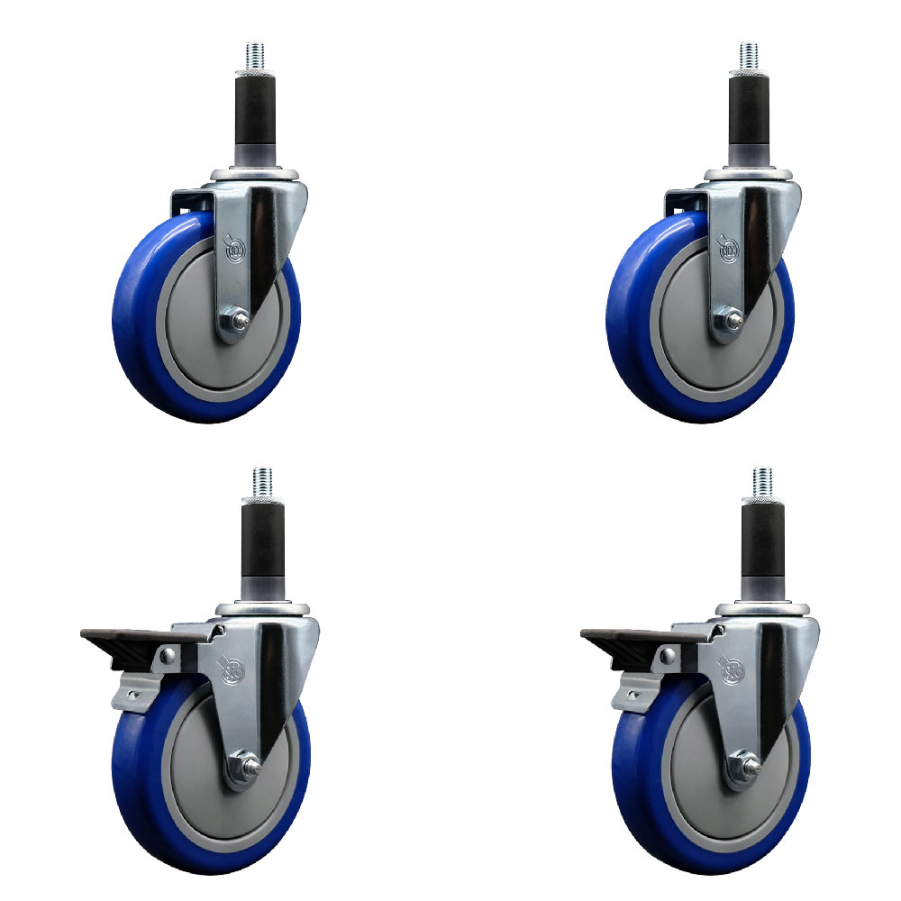Polyurethane Swivel Expanding Stem Caster Set of 4 with 5 Inch Blue Wheels and 1-1/8" Stems - Includes 2 with Posi Locking Brakes - 1400 lbs Total Capacity - Service Caster Brand — photo 1
